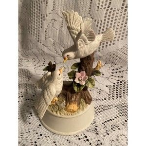Vintage Music Box with 2 White Dove Love Birds sitting in a Tree